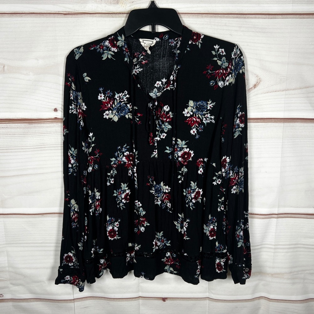 Mo:vint Top Women Small Black Floral Long Sleeve Peplum Blouse Tie  Neck Woven